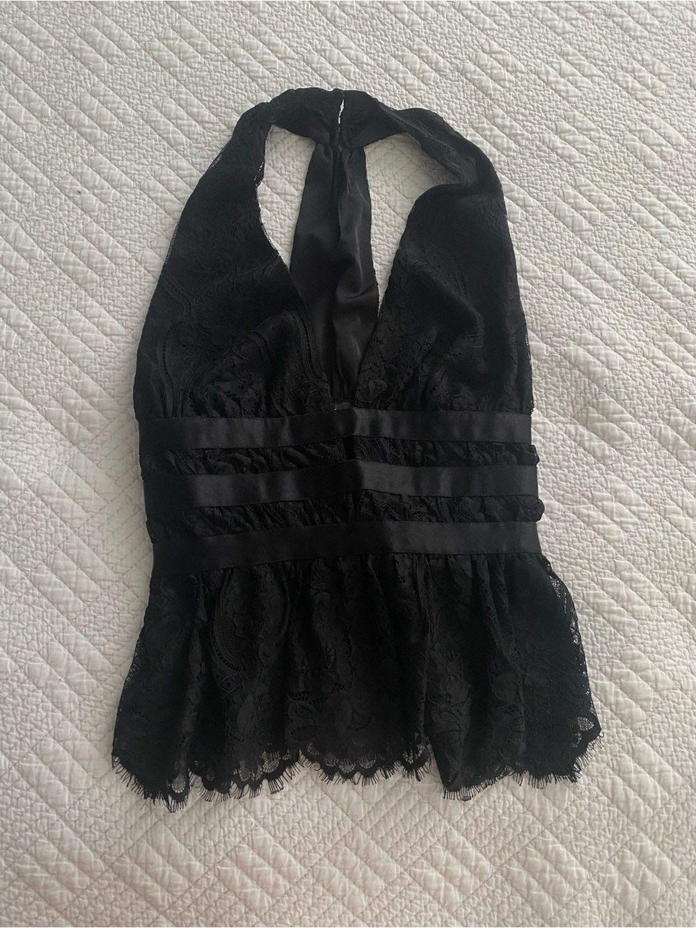 Bebe Vintage Black Lace Halter Peplum Top